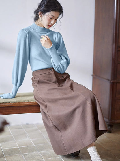 Haut Femme basic à Manches Bouffantes et Col Montant