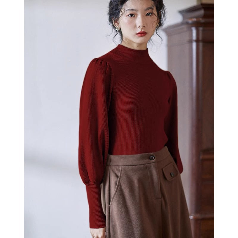 Haut Femme basic à Manches Bouffantes et Col Montant