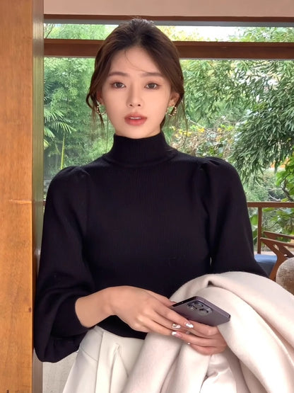 Haut Femme basic à Manches Bouffantes et Col Montant