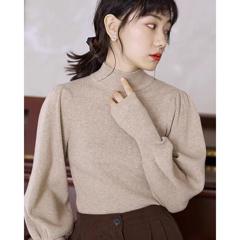 Haut Femme basic à Manches Bouffantes et Col Montant