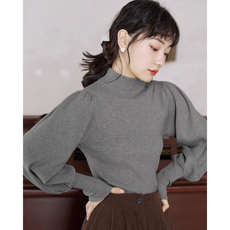 Haut Femme basic à Manches Bouffantes et Col Montant