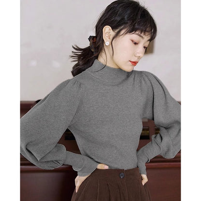 Haut Femme basic à Manches Bouffantes et Col Montant