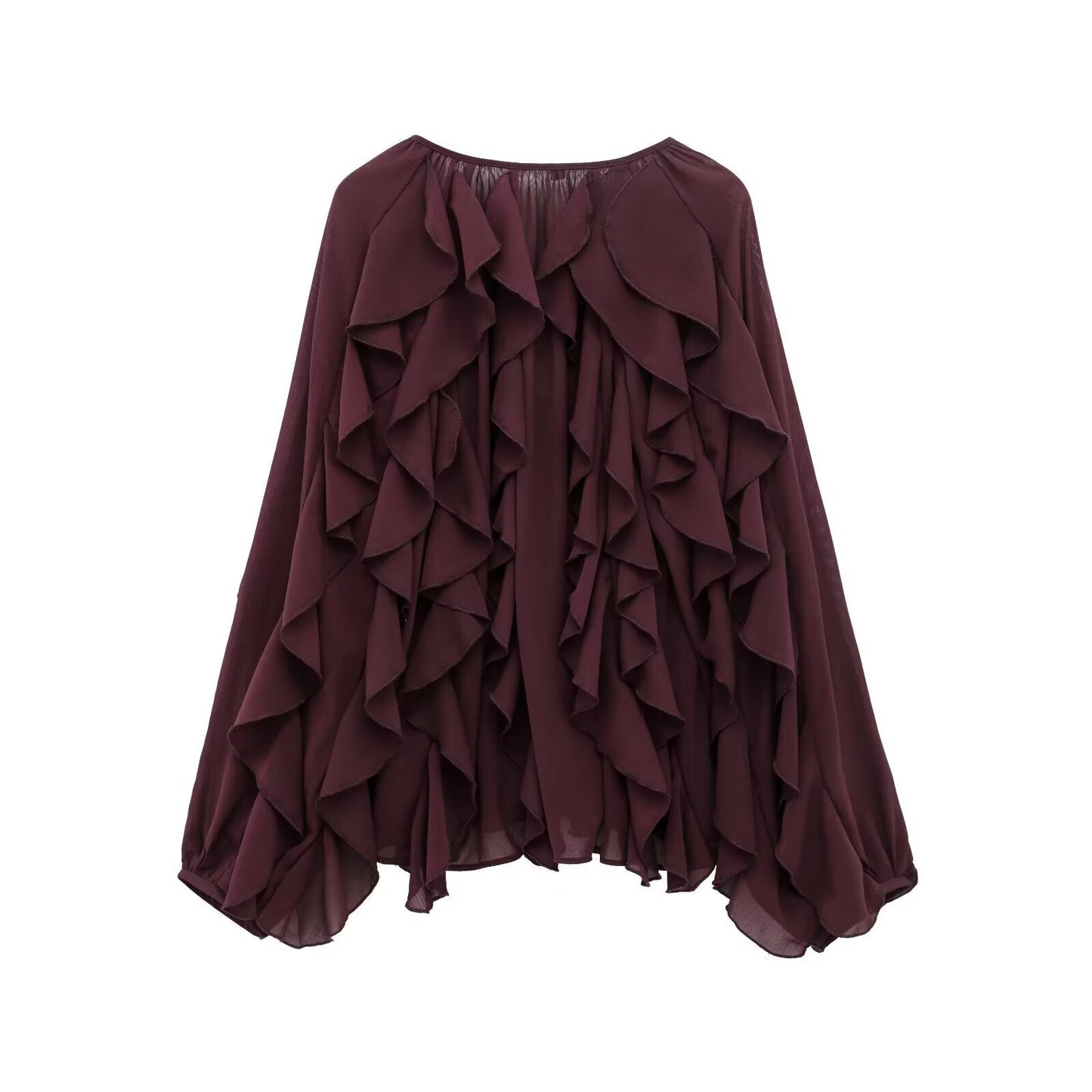 chemises à volants en maille bordeaux pour femmes, élégantes, manches longues