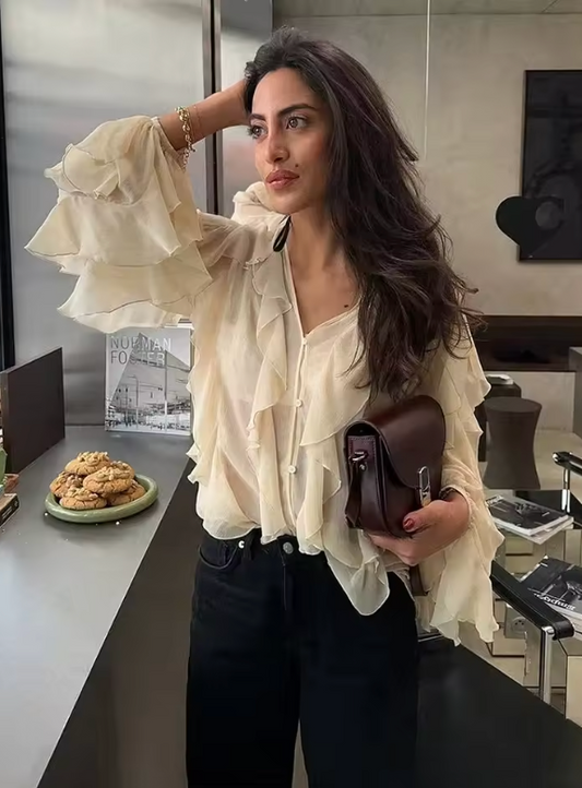 chemises à volants en maille bordeaux pour femmes, élégantes, manches longues