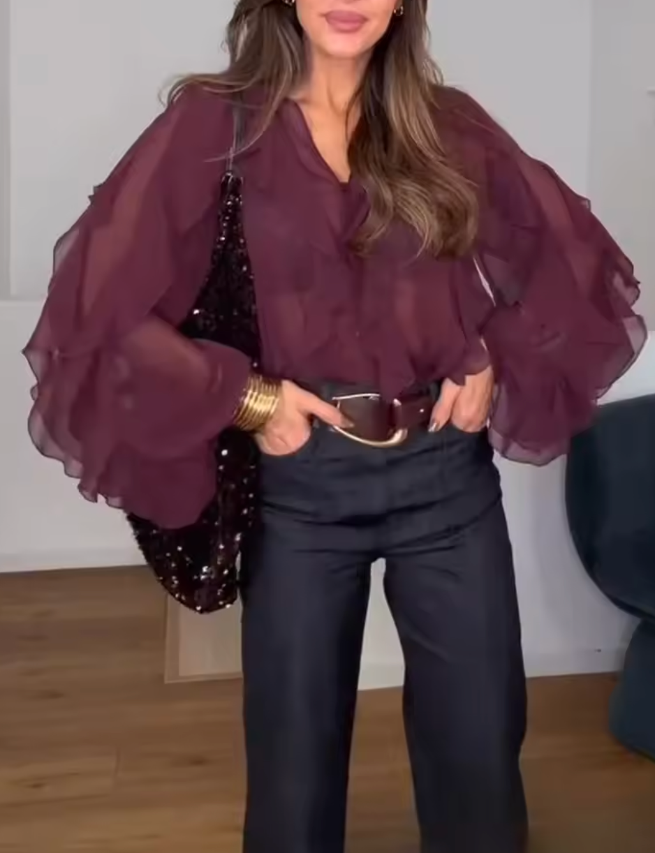 chemises à volants en maille bordeaux pour femmes, élégantes, manches longues