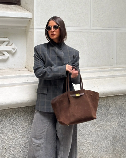 Veste Femme Élégante à Col Montant et Motif à Carreaux