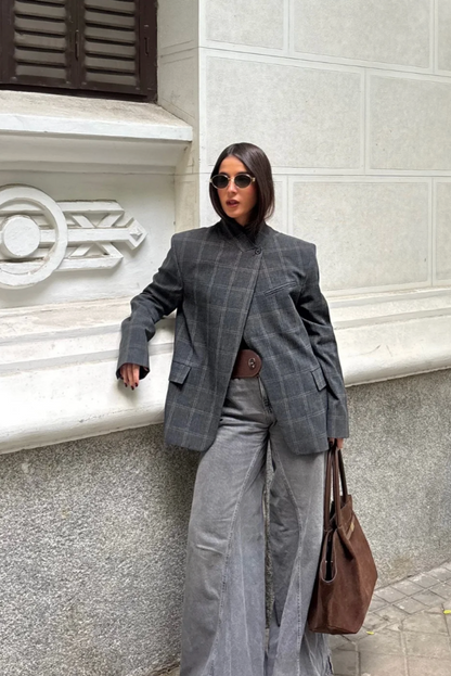 Veste Femme Élégante à Col Montant et Motif à Carreaux