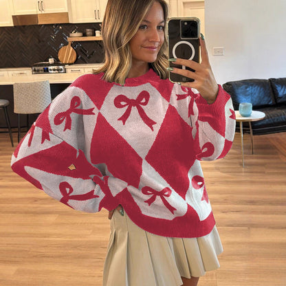 Pull tendance pour femme avec imprimé nœud et manches longues en maille