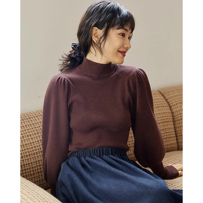 Haut Femme basic à Manches Bouffantes et Col Montant