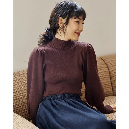 Haut Femme basic à Manches Bouffantes et Col Montant