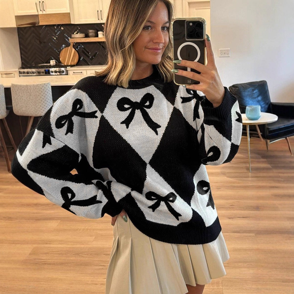 Pull tendance pour femme avec imprimé nœud et manches longues en maille