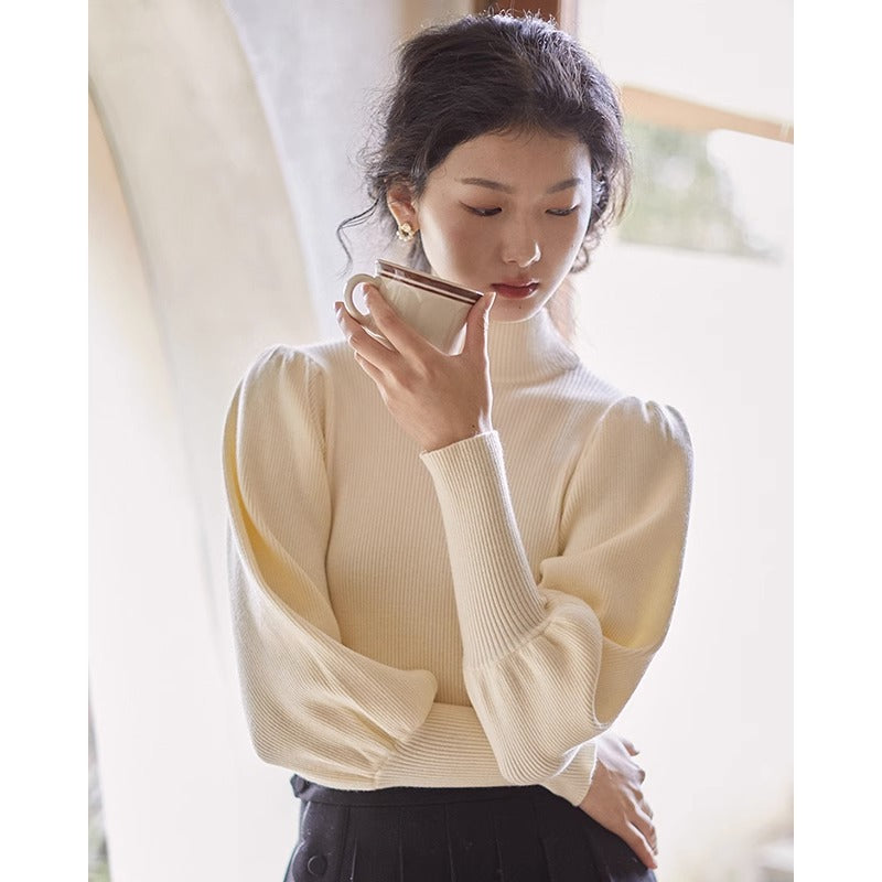 Haut Femme basic à Manches Bouffantes et Col Montant