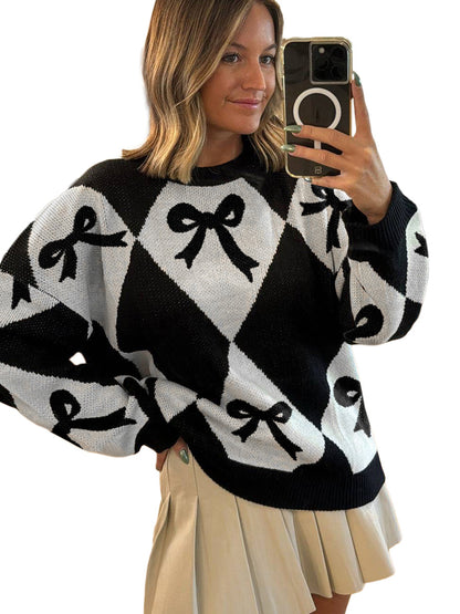 Pull tendance pour femme avec imprimé nœud et manches longues en maille