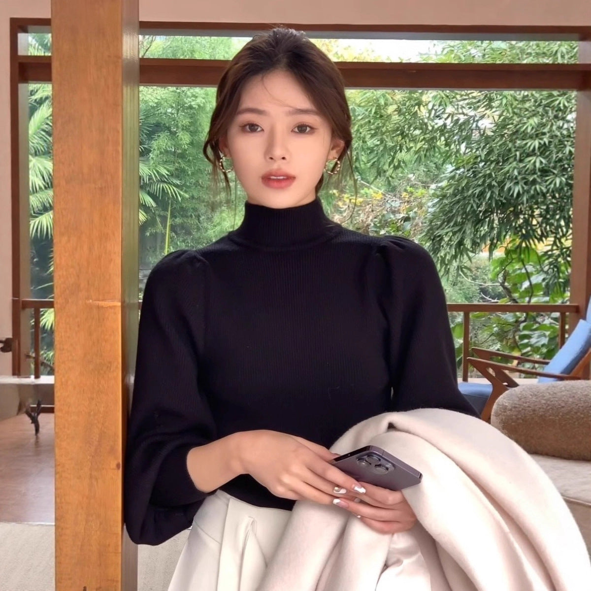 Haut Femme basic à Manches Bouffantes et Col Montant