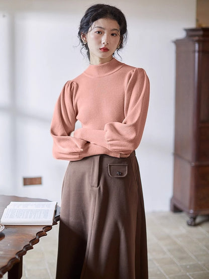 Haut Femme basic à Manches Bouffantes et Col Montant